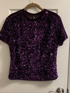 Allegra K Purple Sequin Short-Sleeve Tee